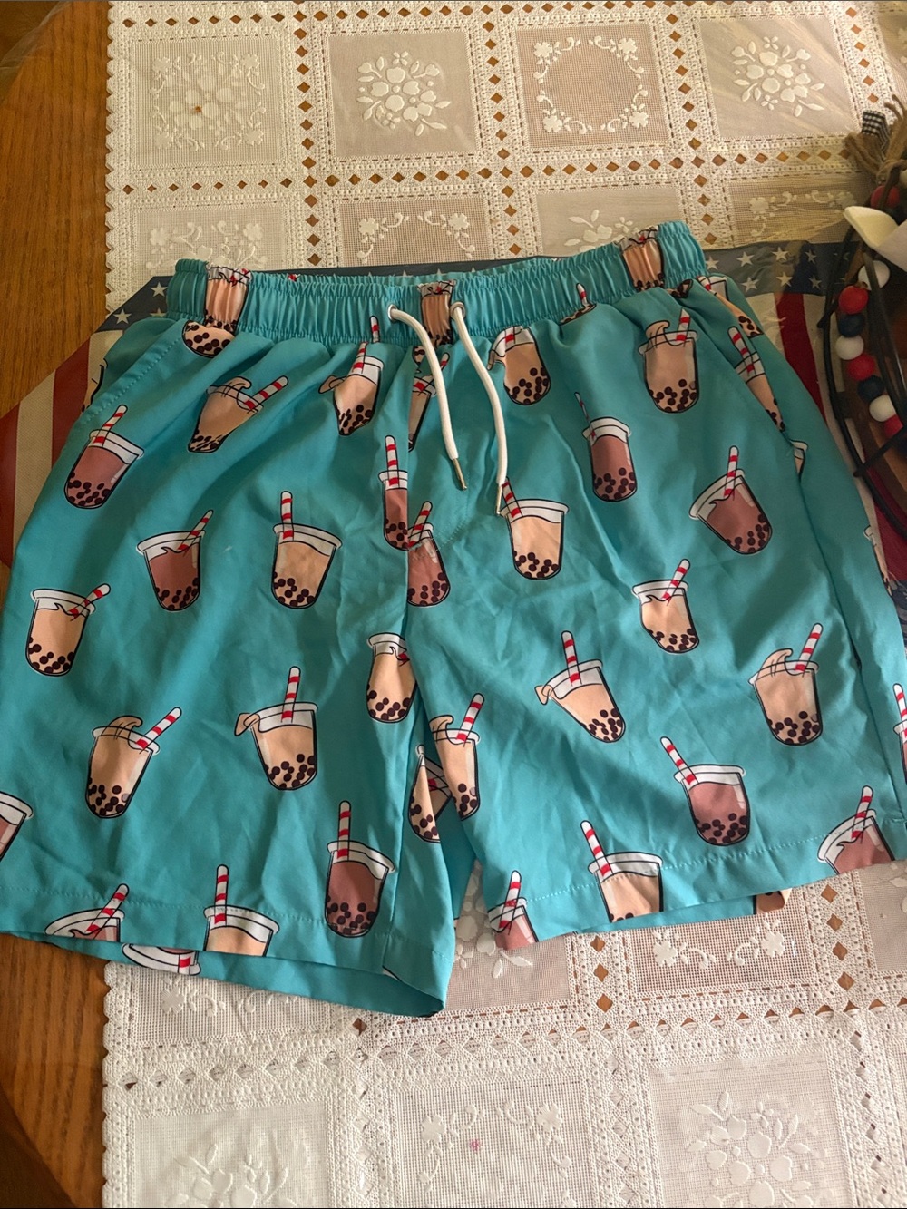 Men's Teal Bubble Tea Print Swim Trunks